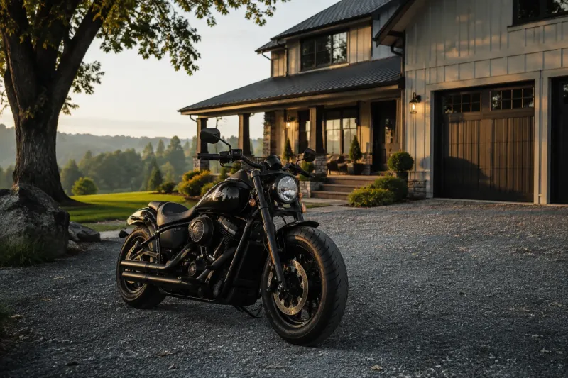 Black Motorcycle Parked in Front of Modern House wallpaper preview