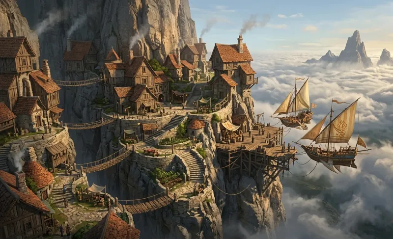 Cliffside Haven Sky Village Fantasy Wallpaper wallpaper preview