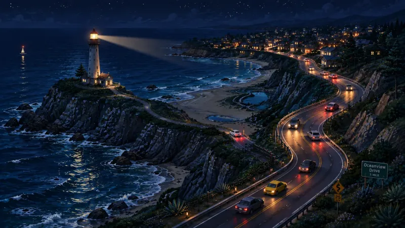 Coastal Beacon Isometric Night Highway Wallpaper wallpaper preview