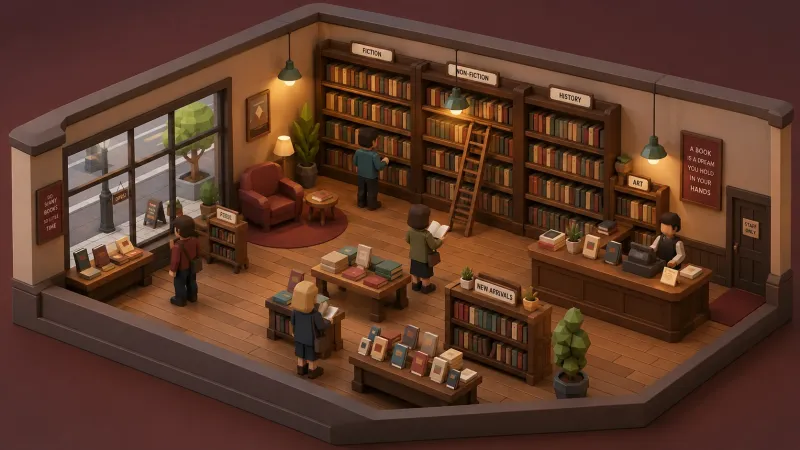 Cozy Pages Isometric Bookstore Diorama Wallpaper wallpaper preview