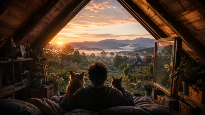 Dawn in the Attic with Dog and Cat wallpaper preview