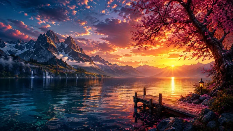 Enchanted Mountain Lake Sunset – Beautiful Panoramic Nature Wallpaper wallpaper preview