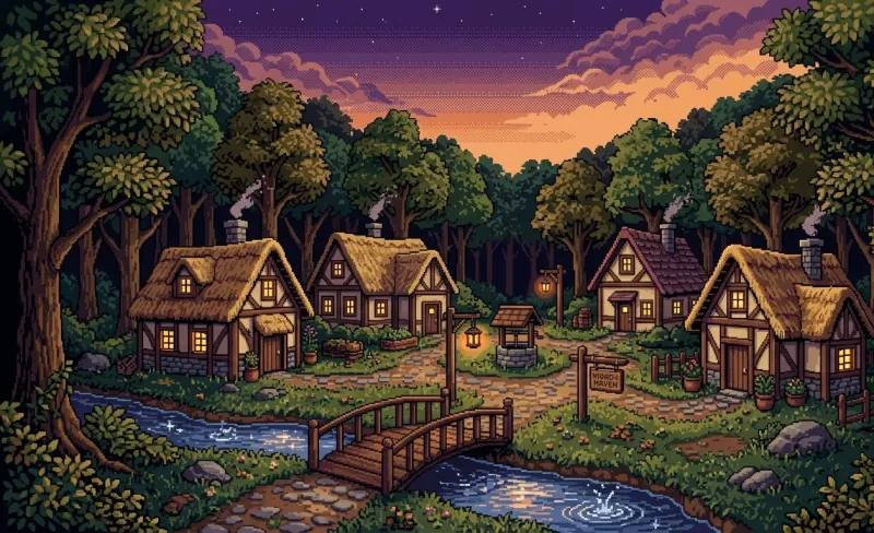 Forest Village, 16-Bit Pixel Art Wallpaper wallpaper preview