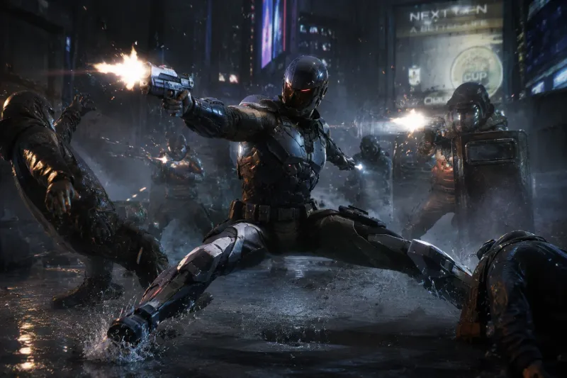 Futuristic Armored Hero: Neon City Battle wallpaper preview