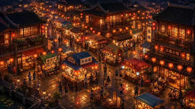 Lantern Street Isometric Night Market Wallpaper wallpaper preview
