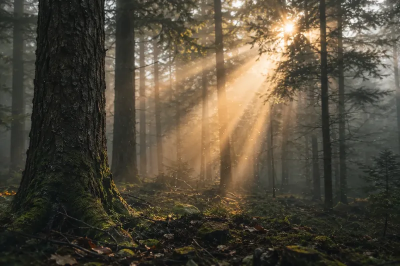 Misty Pine Forest with Golden Sunbeams wallpaper preview