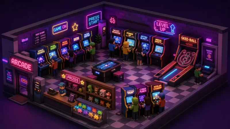 Neon Play Isometric Arcade Diorama Wallpaper wallpaper preview