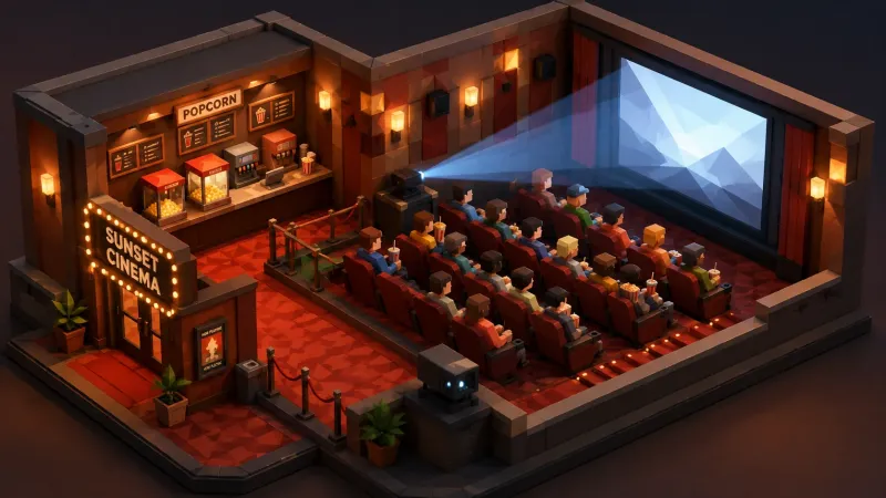 Now Showing Isometric Movie Theater Diorama Wallpaper wallpaper preview