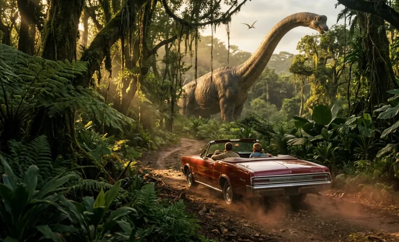 Prehistoric Cruise Classic Car Dinosaur Wallpaper wallpaper preview