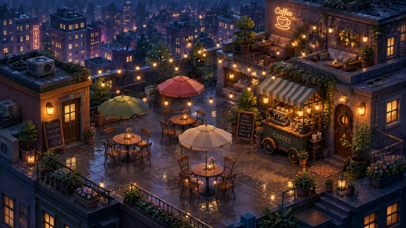 Rainy Rooftop Isometric City Café Wallpaper wallpaper preview