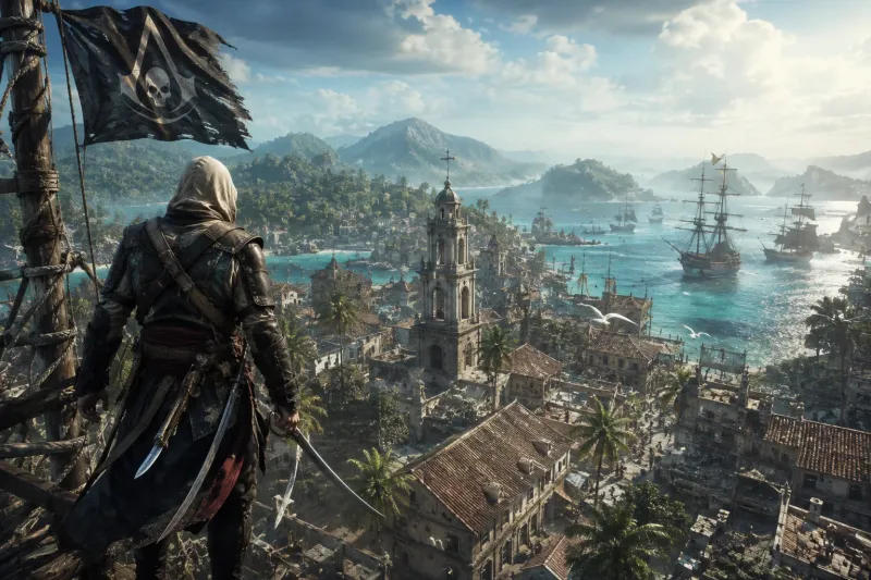 Realistic Pirate Assassin Overlooking a Caribbean Port wallpaper preview