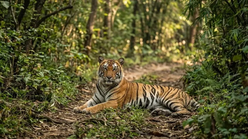 Serene Bengal Tiger Resting on a Safari Trail wallpaper preview