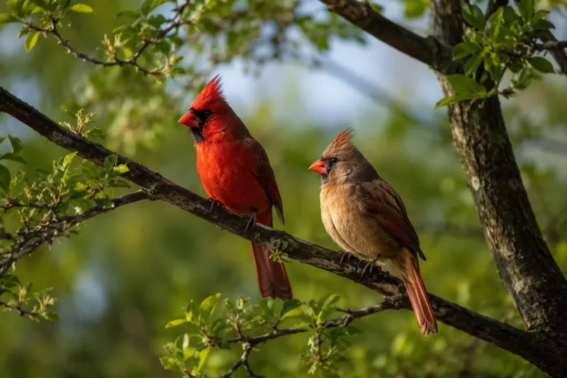 Sunlit Cardinal Pair – Birds Resting on a Forest Tree wallpaper preview
