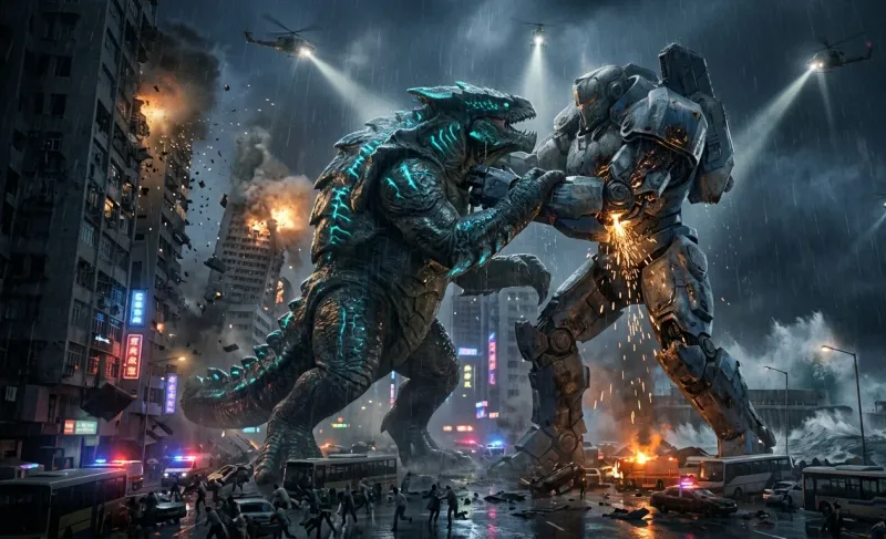 Titan Storm Kaiju vs Mecha Cinematic Wallpaper wallpaper preview