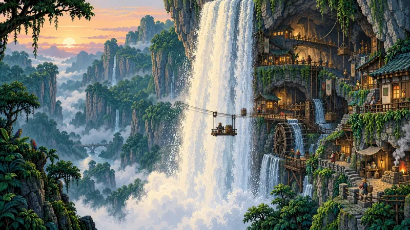Village Behind the Falls wallpaper preview