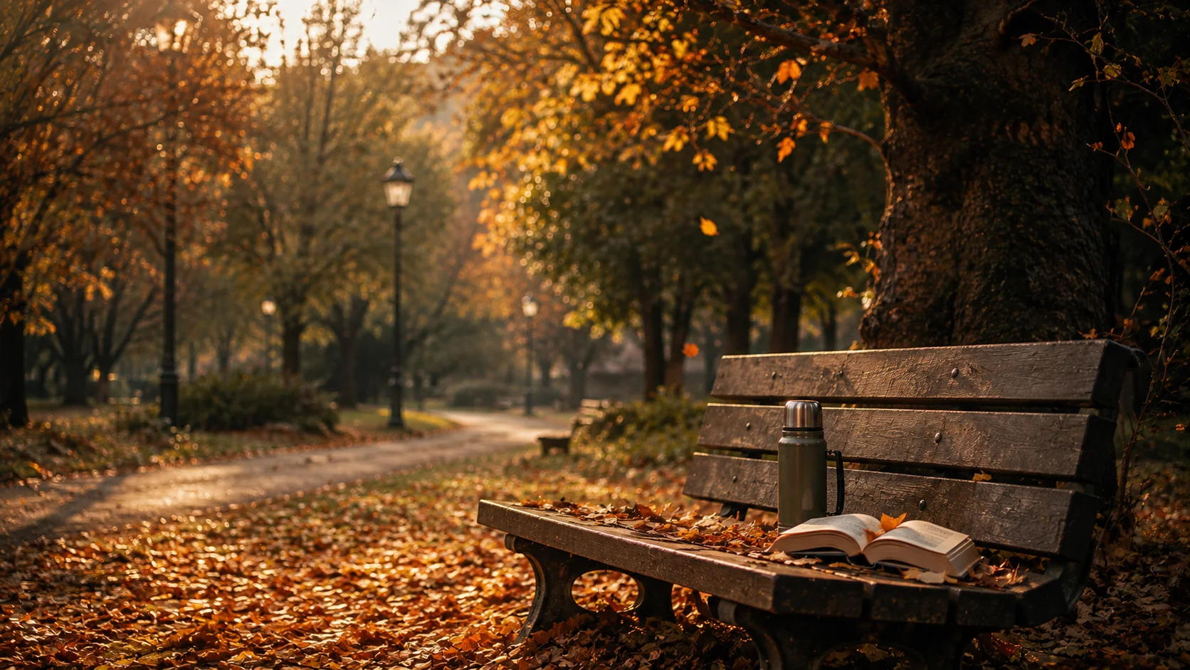 Autumn Park Bench Lofi Wallpaper wallpaper full preview