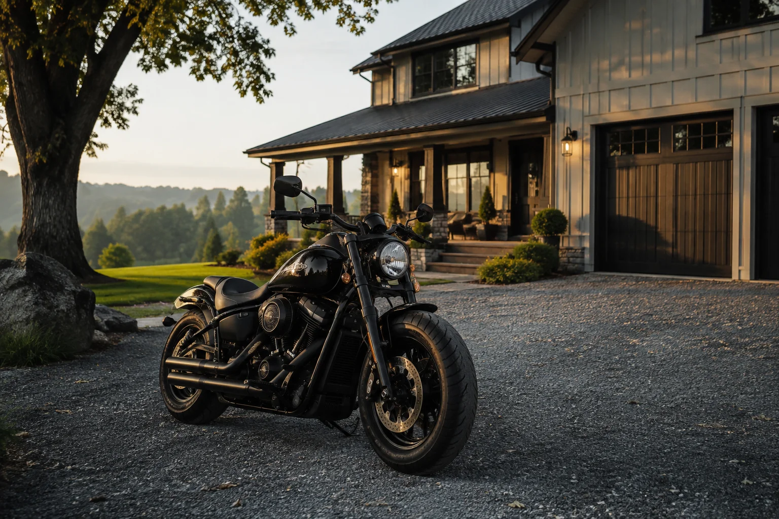 Black Motorcycle Parked in Front of Modern House wallpaper full preview