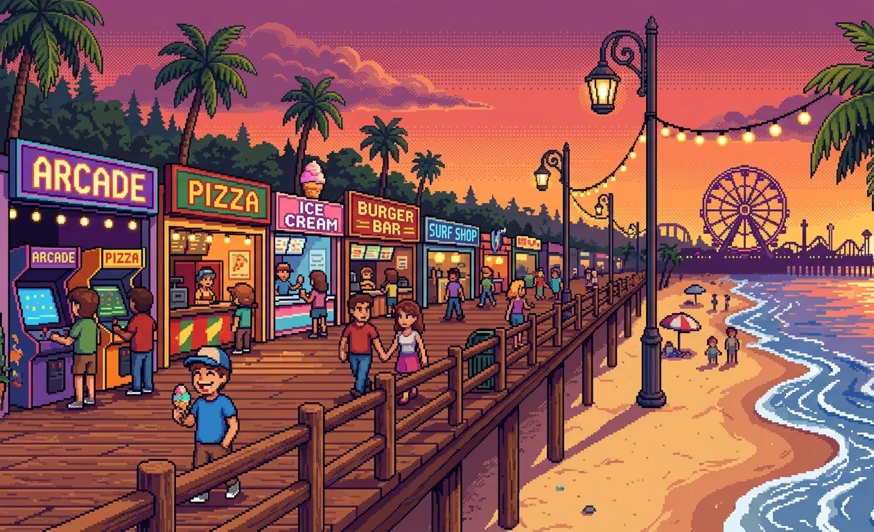 Boardwalk Sunset, 16-Bit Pixel Art Wallpaper
