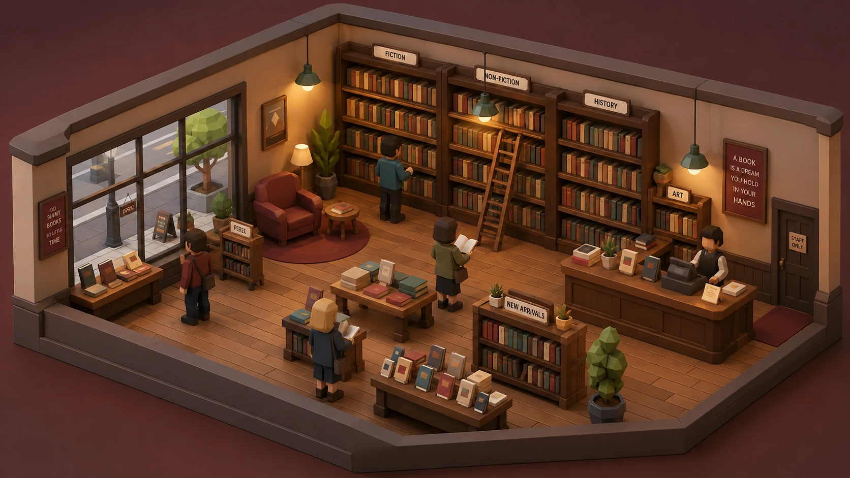 Cozy Pages Isometric Bookstore Diorama Wallpaper wallpaper full preview