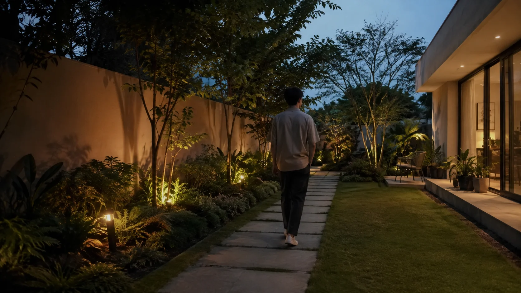 Evening Garden Walk — Realistic Lofi Wallpaper wallpaper full preview