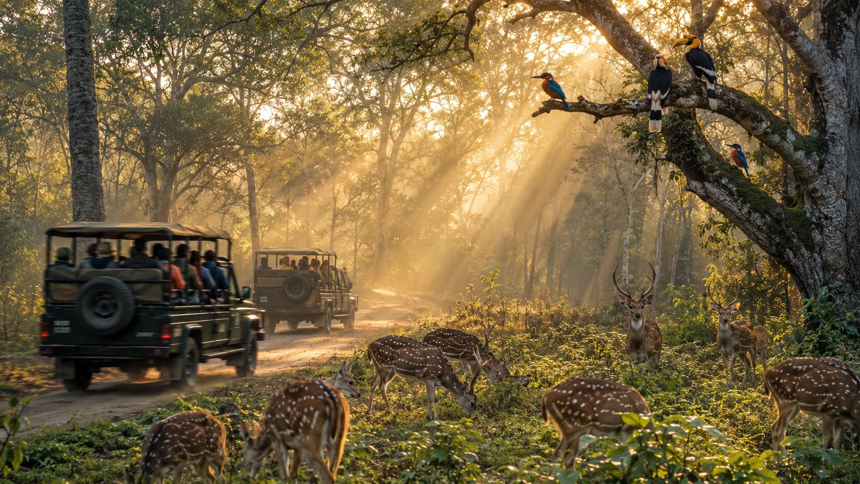 Golden Hour Jungle Safari with Spotted Deer and Safari Jeeps wallpaper full preview