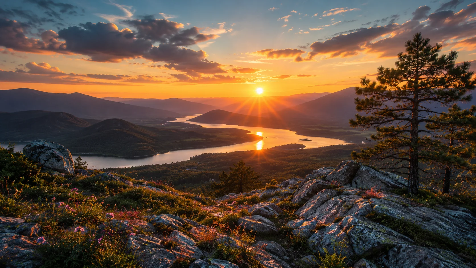 Golden Sunset Over Mountain Lake wallpaper full preview