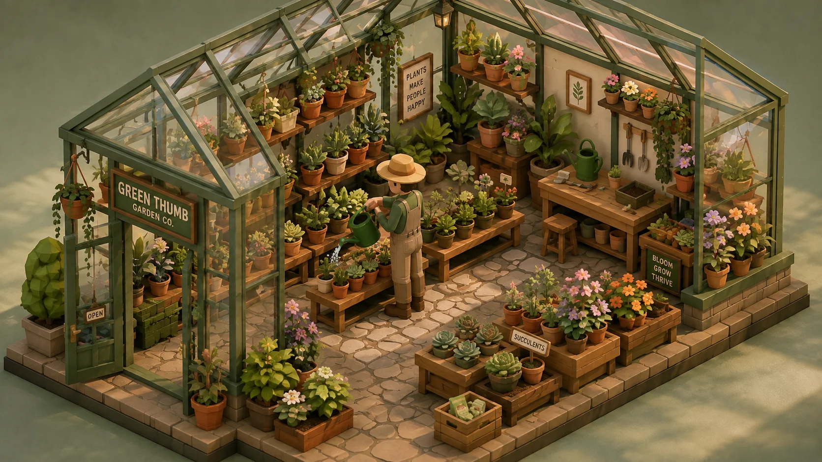 Greenhouse Glow Isometric Garden Diorama Wallpaper