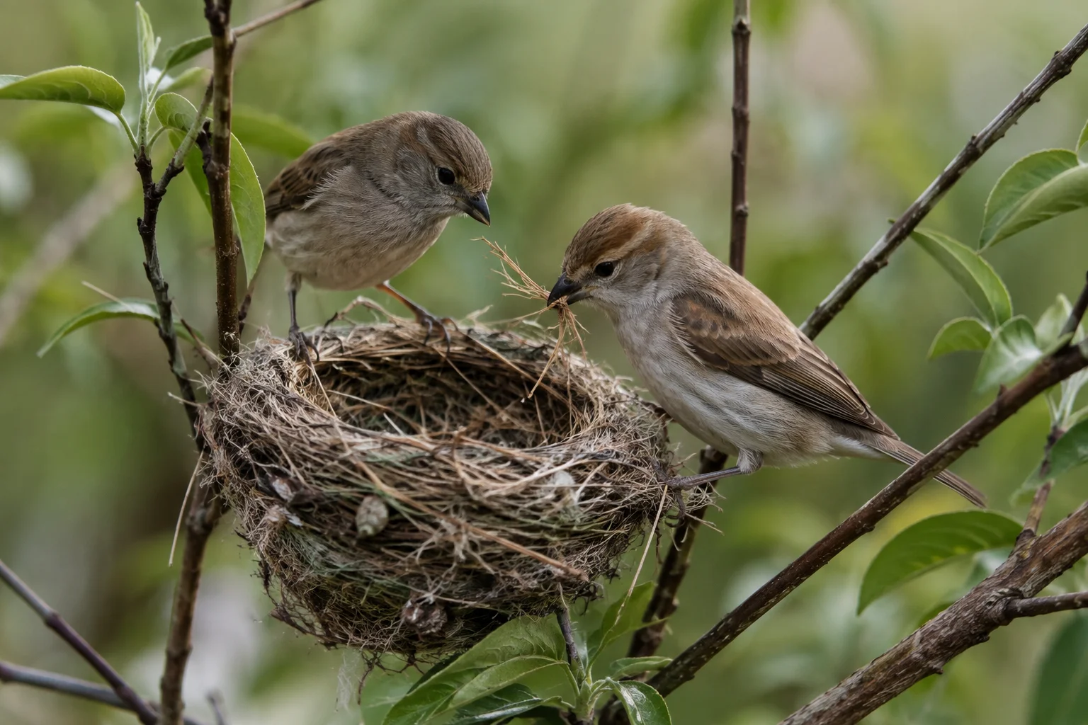 House Sparrow Pair Building a Nest in a Garden wallpaper full preview