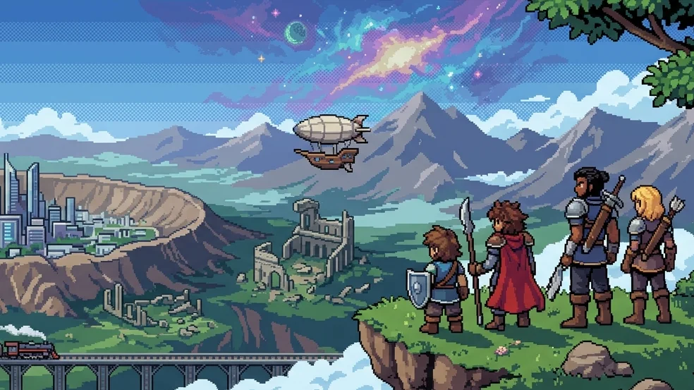 Legends of Aetheria: 16-Bit RPG Cinematic Wallpaper