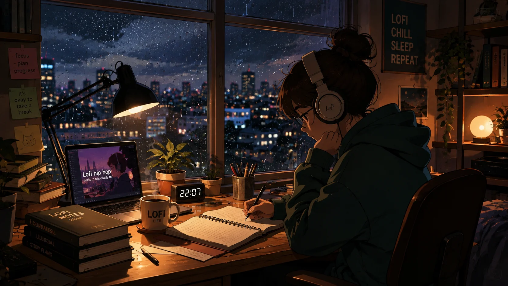 Lofi Night Study — Cozy Rainy Room wallpaper full preview