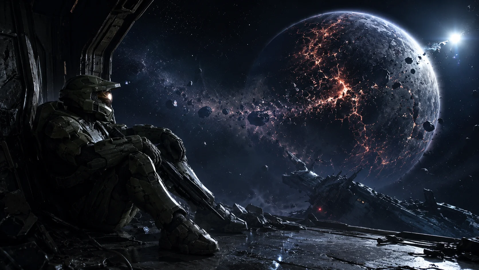 Lone Spartan Warrior Overlooking a Destroyed Planet wallpaper full preview