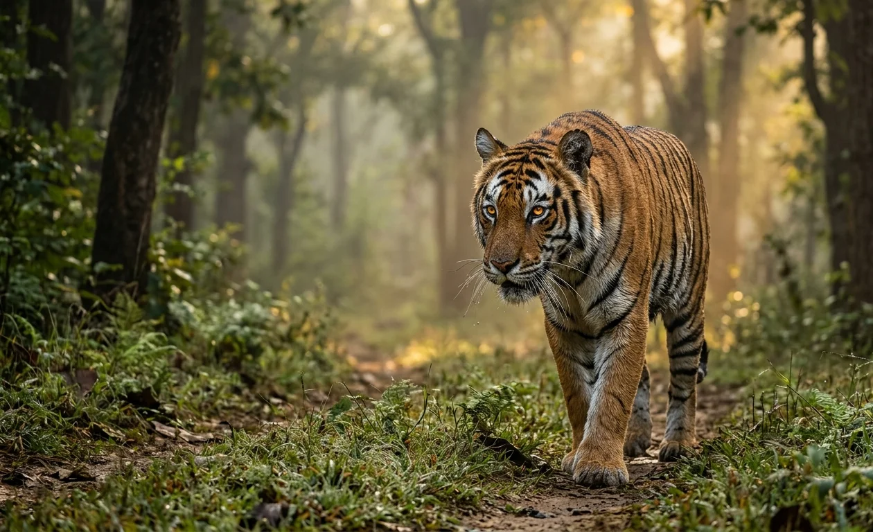 Majestic Bengal Tiger in Misty Morning Forest – Ultra Realistic Wildlife Wallpaper
