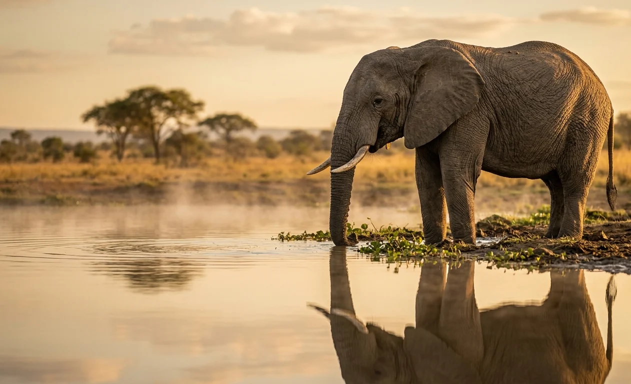 Majestic Elephant at Sunset Waterhole Ultra Realistic Wildlife Wallpaper