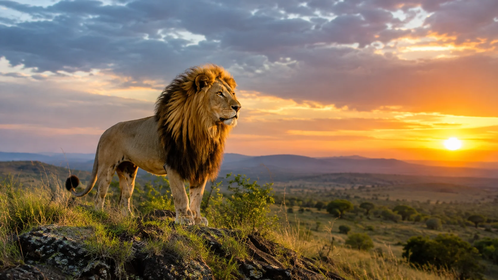 Majestic Lion at Sunset Ultra Realistic Wildlife Wallpaper