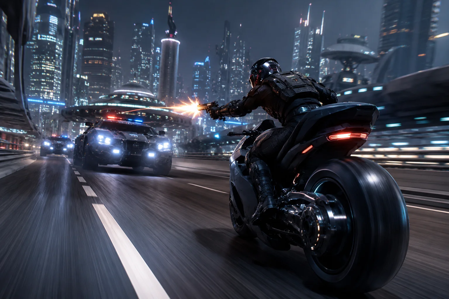 Neon Pursuit 2155: Cyberpunk Motorcycle Gunfire Chase wallpaper full preview