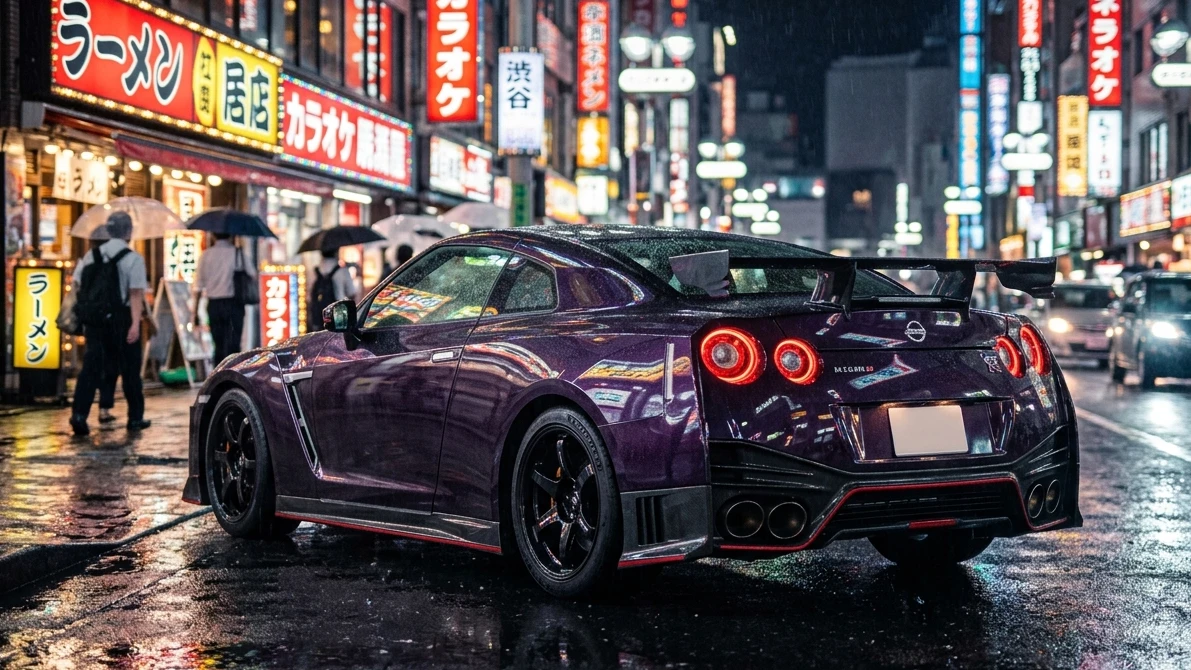Neon Rain: Nissan GT-R Nismo Midnight Purple – Ultra HD AI Wallpaper