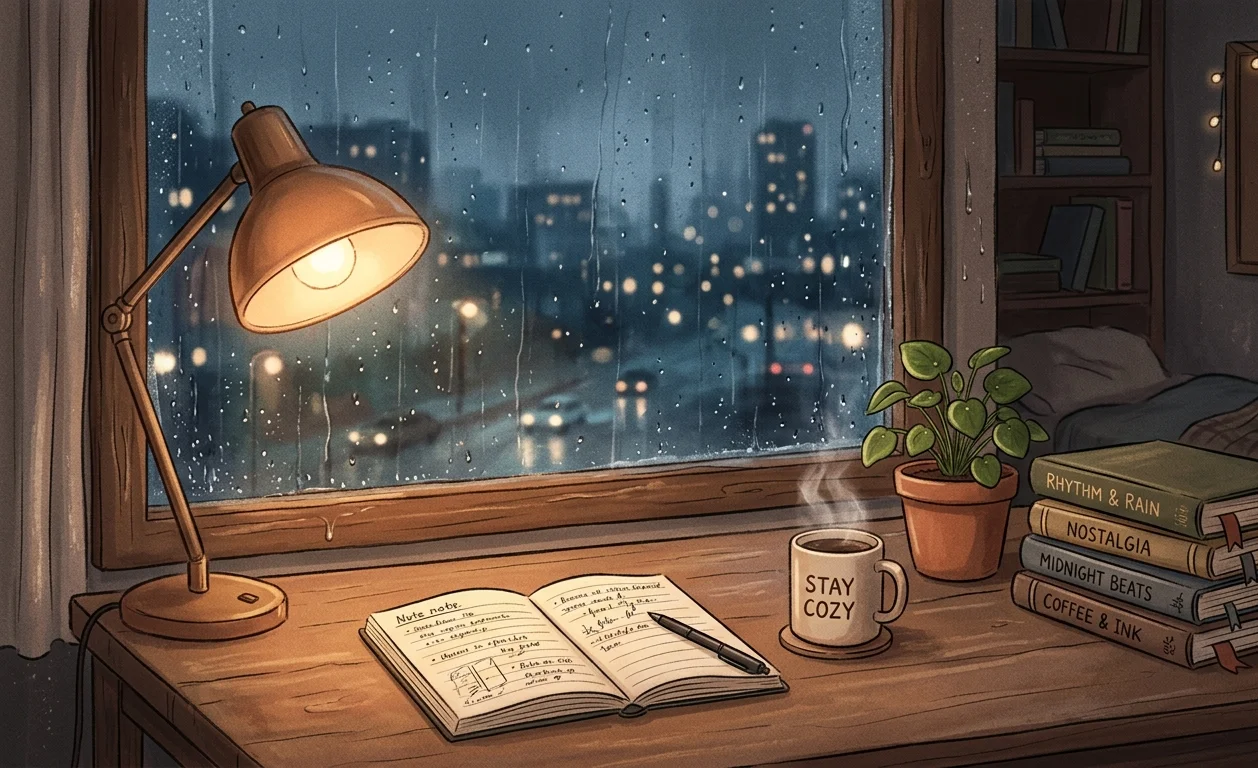 Rainy Study Lo-Fi Desk Wallpaper