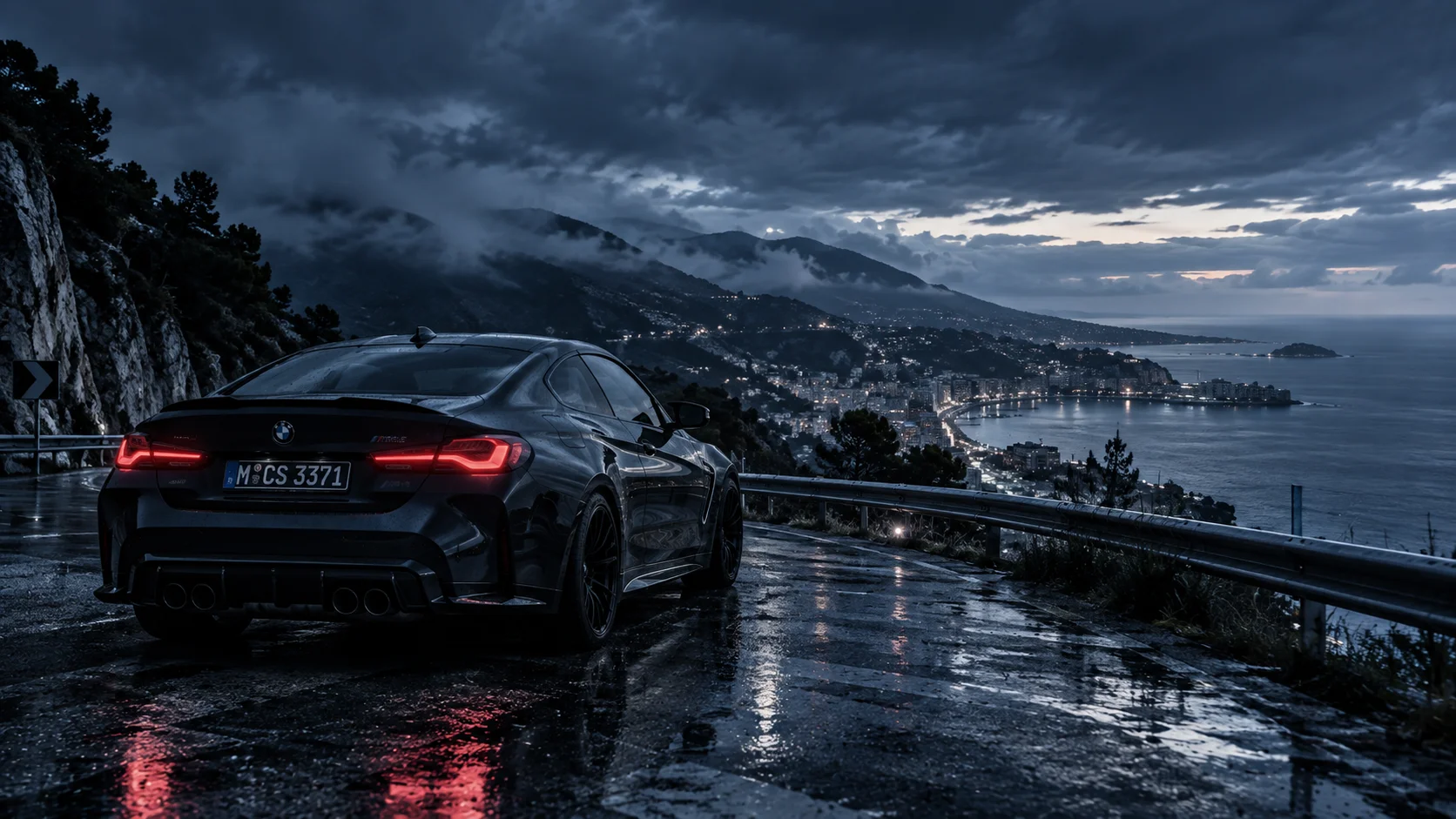 Realistic BMW Night Drive Wallpaper – Rainy Coastal City 4K wallpaper full preview