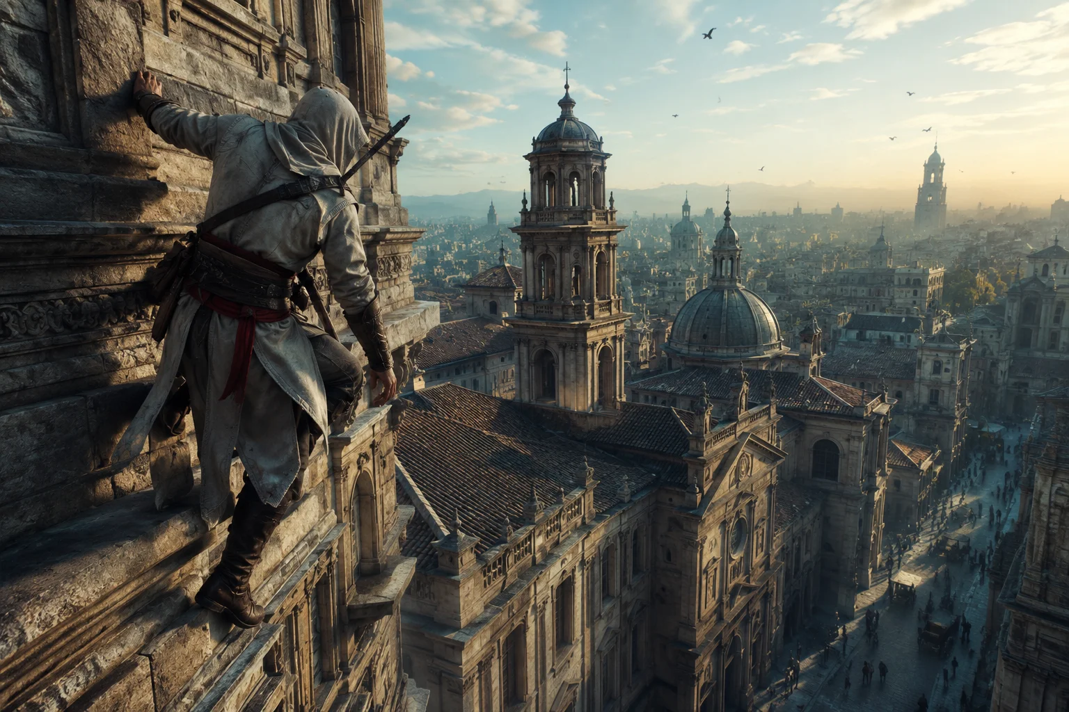 Realistic Hooded Assassin Overlooking a Renaissance City