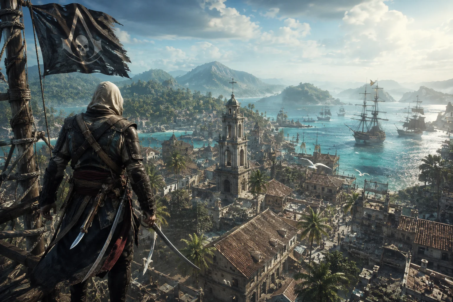 Realistic Pirate Assassin Overlooking a Caribbean Port wallpaper full preview