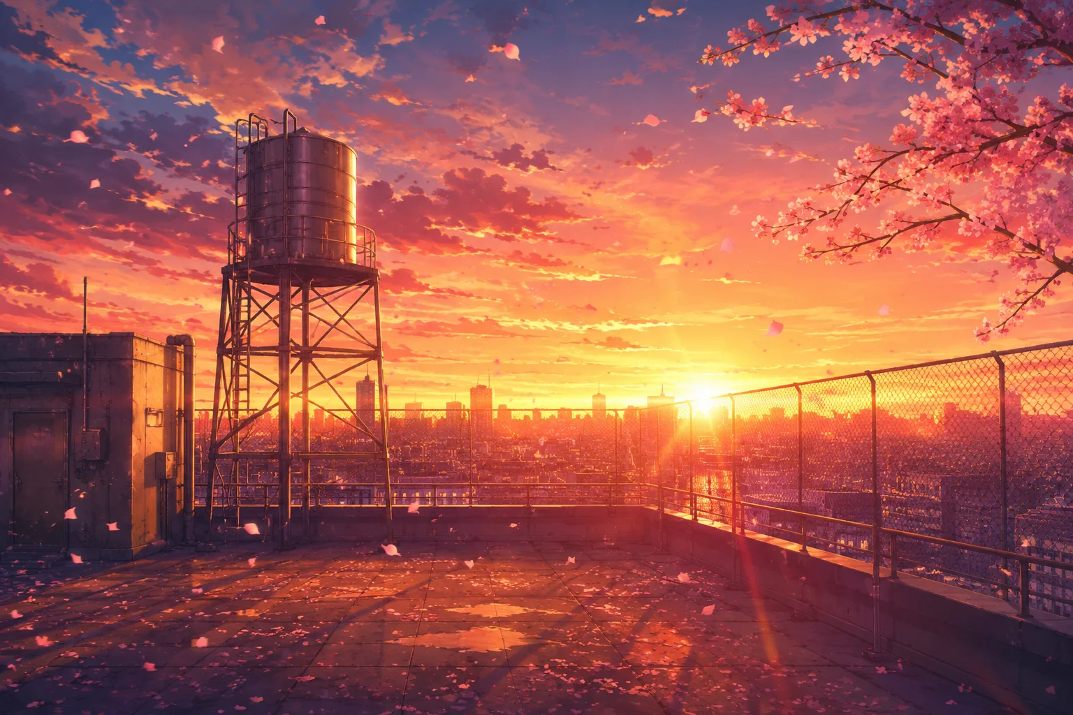 Rooftop Bloom Anime Sunset Wallpaper