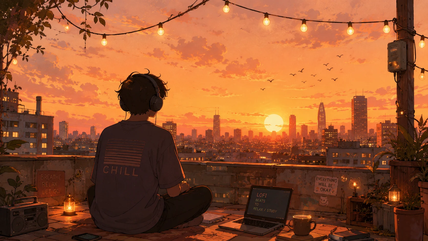 Rooftop Sunset Lofi Wallpaper