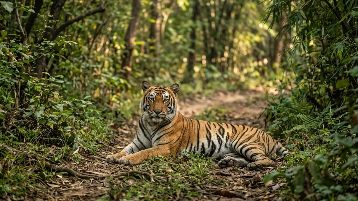 Serene Bengal Tiger Resting on a Safari Trail wallpaper full preview