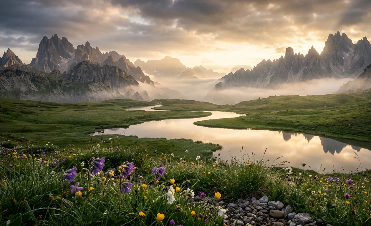 Serene Mountain Valley at Sunrise Ultra Realistic Nature Wallpaper wallpaper full preview
