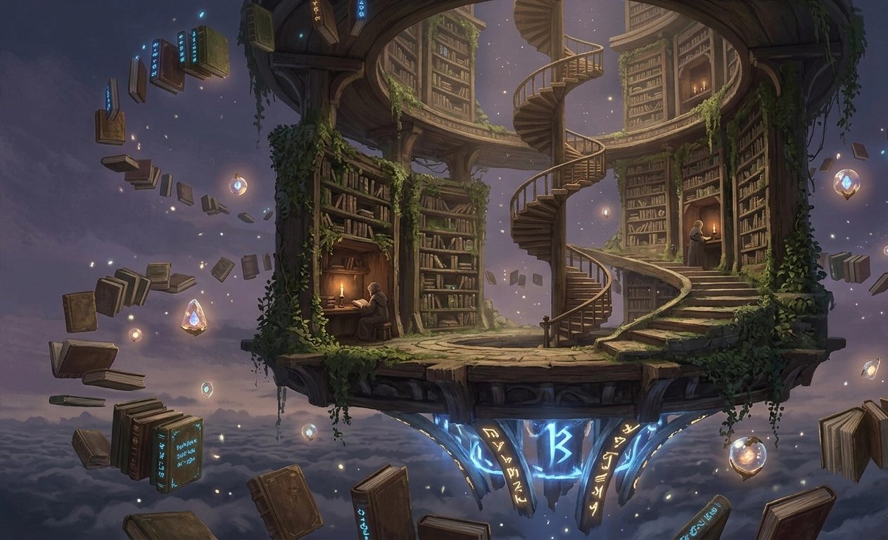 Sky Archive — Floating Library Fantasy Wallpaper