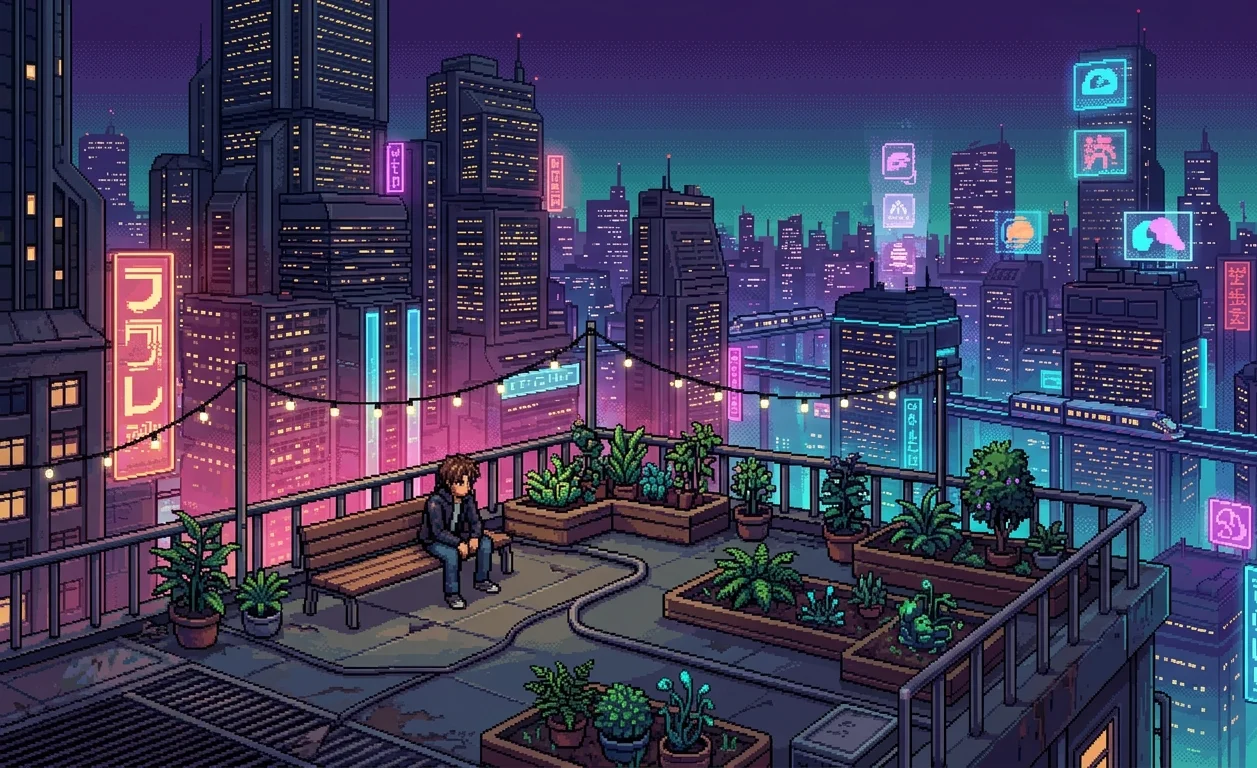 Sky Garden, 32-Bit Pixel Art Wallpaper