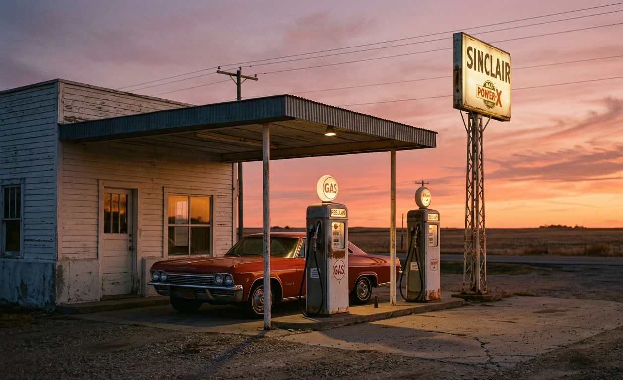 Sunset Fill-Up, Vintage Gas Station Wallpaper