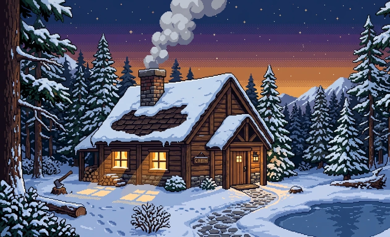 Winter Retreat 16-Bit Pixel Art Wallpaper wallpaper full preview