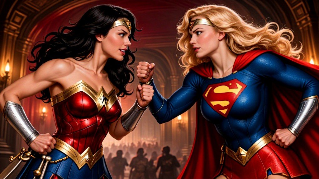 Wonder Woman vs Supergirl – Realistic Superhero Battle Wallpaper wallpaper full preview
