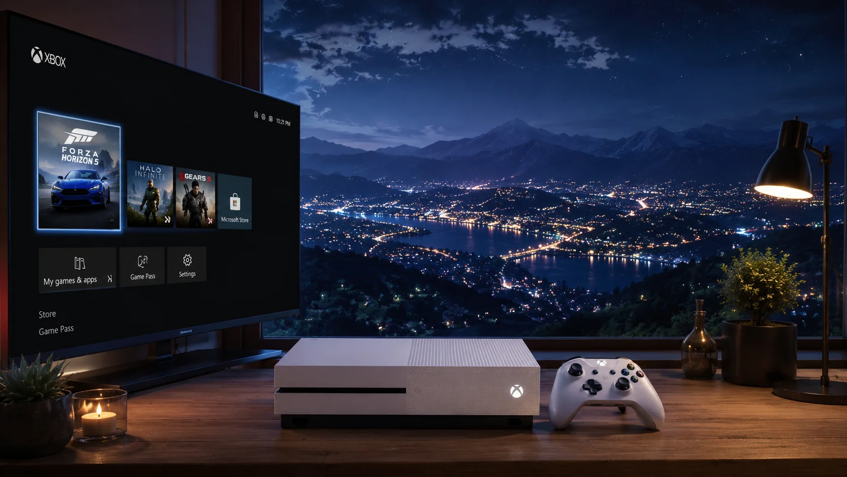 Xbox Night Gaming Setup – City & Mountain View wallpaper full preview